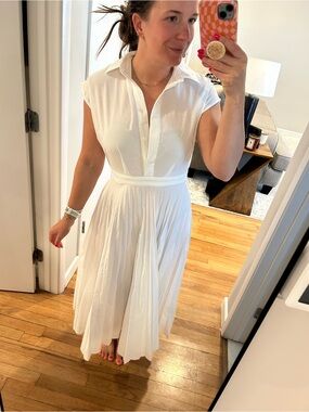 Classic White Collared Pleated Midi Dress